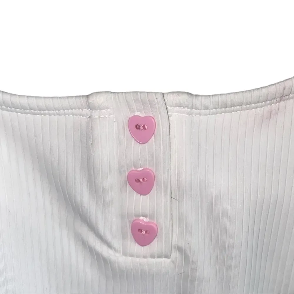 Stoney Clover Lane x Target White Ribbed Bodysuit XS Pink Button Y2K Coquette